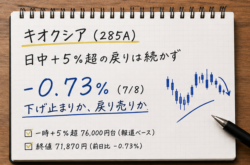 キオクシアの7/8終値−0.73%（71,870円）と、日中に一時+5%超（76,000円台・報道ベース）まで戻すも続かなかった値動きを、手書きノート風に整理した記事アイキャッチ